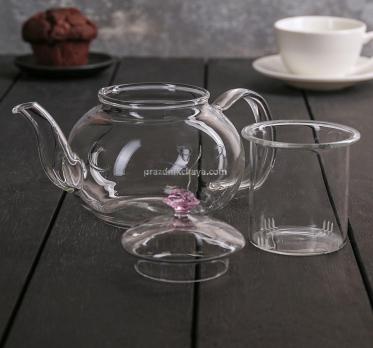 Чайник стеклянный Валенсия с розой 600 мл
