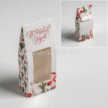 Коробка для сладостей с окном С Новым годом белая 14,5*6*3,5 см